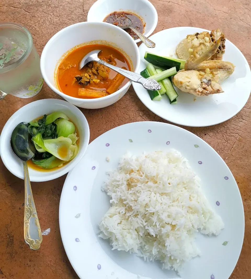 Fish Curry, Pak Choy, Steam Chicken, Japanese Cucumber, sambal belacan and rice for lunch.|Ainaaさん