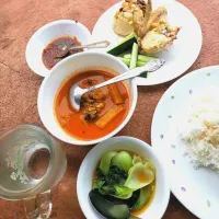 Fish Curry, Steam Chicken, Pak Choy with Oyster Sauce, Japanese Cucumber, Sambal Belacan and White Rice.|Ainaaさん