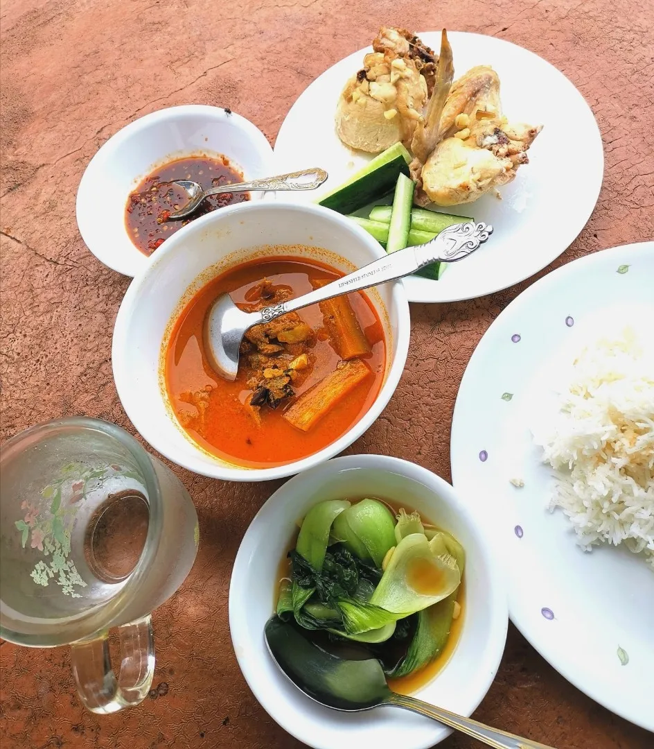 Fish Curry, Steam Chicken, Pak Choy with Oyster Sauce, Japanese Cucumber, Sambal Belacan and White Rice.|Ainaaさん