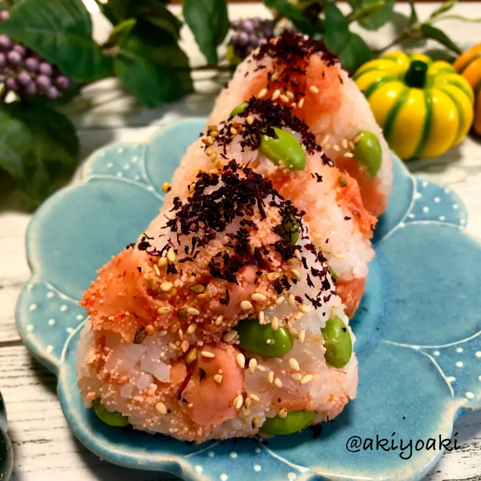 焼明太子と枝豆おにぎり|Akiyoෆ¨̮⑅さん