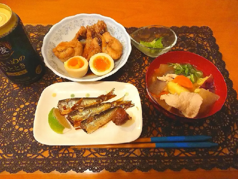 手羽元さっぱり煮  豚汁  いわし煮  四角豆ごま和え🍴|chikakoさん