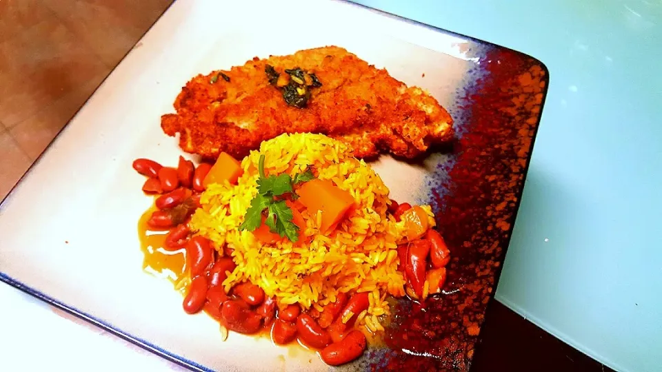 Snapdishの料理写真:Yellow Rice , Red Kidney beans , Fried Breaded Striped Bass.|Frank Ortizさん