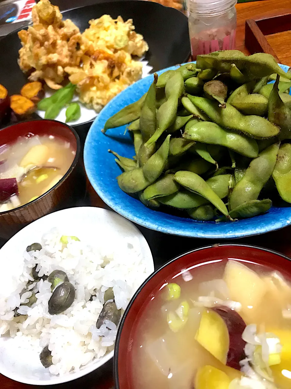 丹波篠山黒枝豆ご飯とかき揚げと夜ご飯|シュトママさん