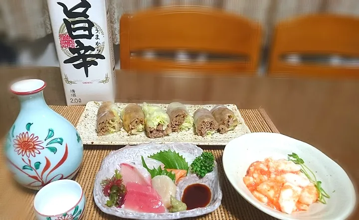 長芋の明太子あえ✴️
焼き肉の生春巻🐮
  刺身盛り合わせ  🍶|びせんさん