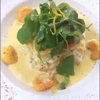 Herb Risotto, Creamy Parmesan Sauce & Saffron Shrimp w/ Watercress & Lemon Zest|Hector Parraさん