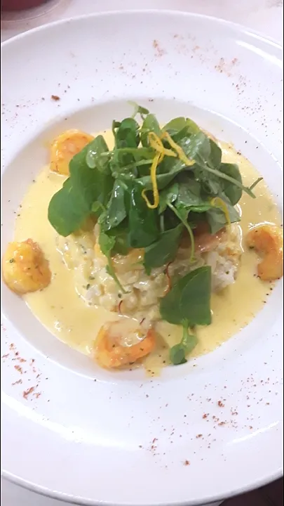 Herb Risotto, Creamy Parmesan Sauce & Saffron Shrimp w/ Watercress & Lemon Zest|Hector Parraさん