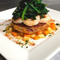 Snapdishの料理写真:Crab Cake over Roasted Root Vegetables topped w/ Garlic Lemon Butter and Wine Sauteed Shrimp & Spinach|Hector Parraさん