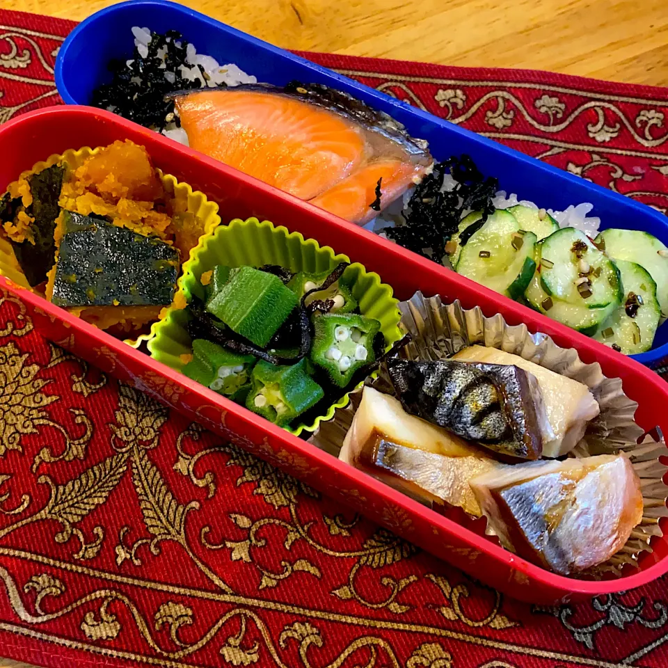 塩鯖と、オクラの昆布和えと、南瓜の煮物と、焼き鮭弁当|もえさん