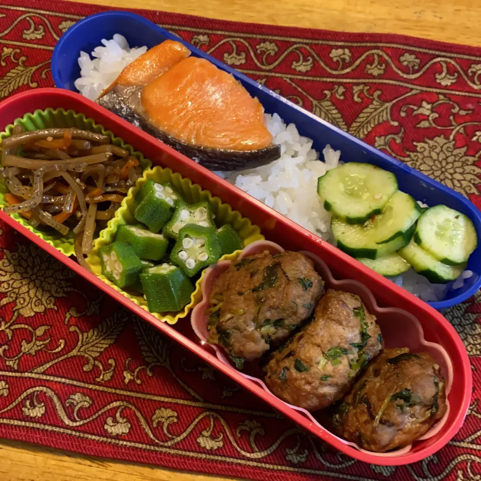 豆苗ハンバーグと、オクラの昆布和えと、きんぴら牛蒡と、焼き鮭弁当|もえさん