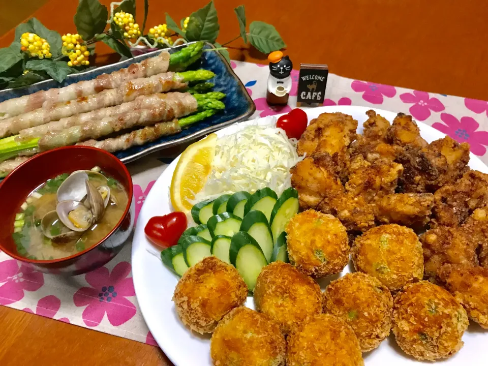 ＊海老カツ＊唐揚げ＊アスパラ肉巻き＊アサリの味噌汁|バシュランさん