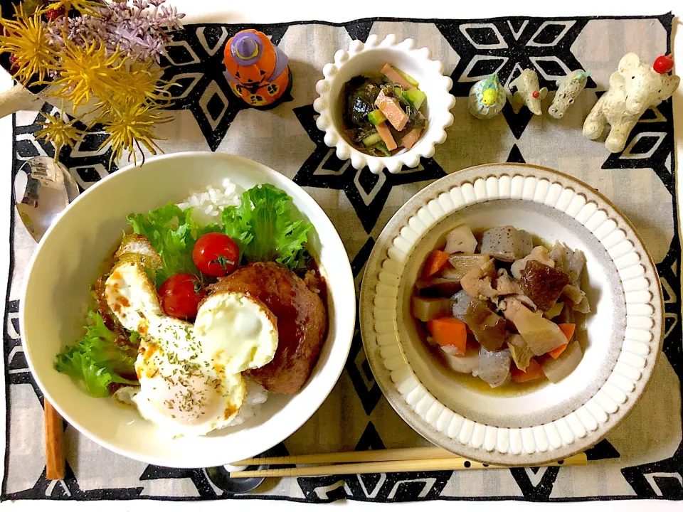 ロコモコ丼、筑前煮、海藻麺の酢の物|syamさん