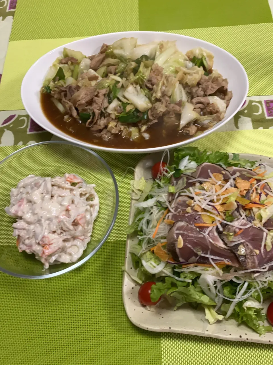 回鍋肉、れんこんツナマヨ和え、鰹のタタキサラダ|peanutsさん