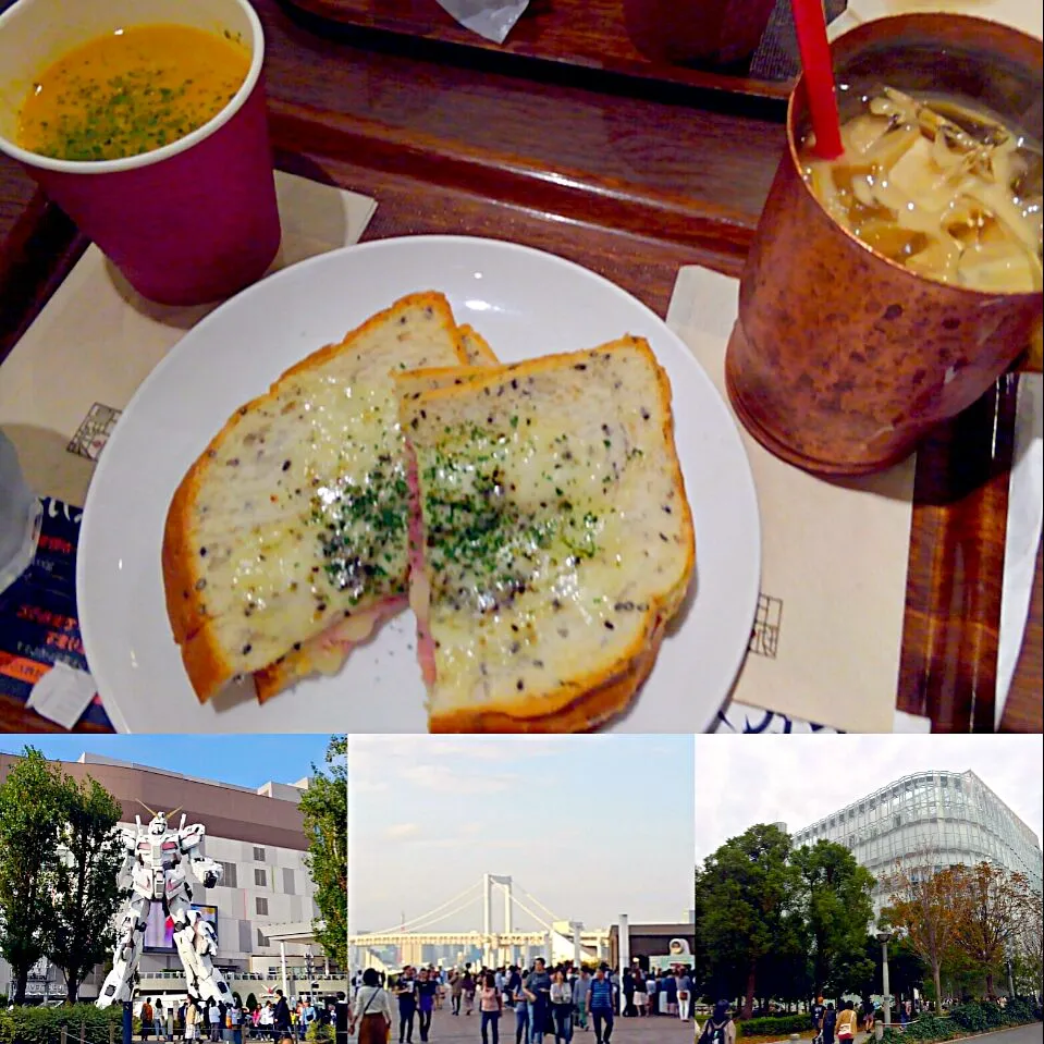 Snapdishの料理写真:上島珈琲店のランチセット🍞クロックムッシュ＆スープ＆黒糖ミルク珈琲アイス　ダイバーシティ店|うたかた。さん