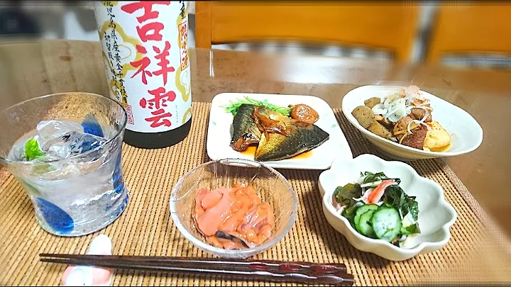 鯖の梅煮🐟
キュウリ🥒とワカメの酢の物
烏賊🦑塩辛  🍶|びせんさん