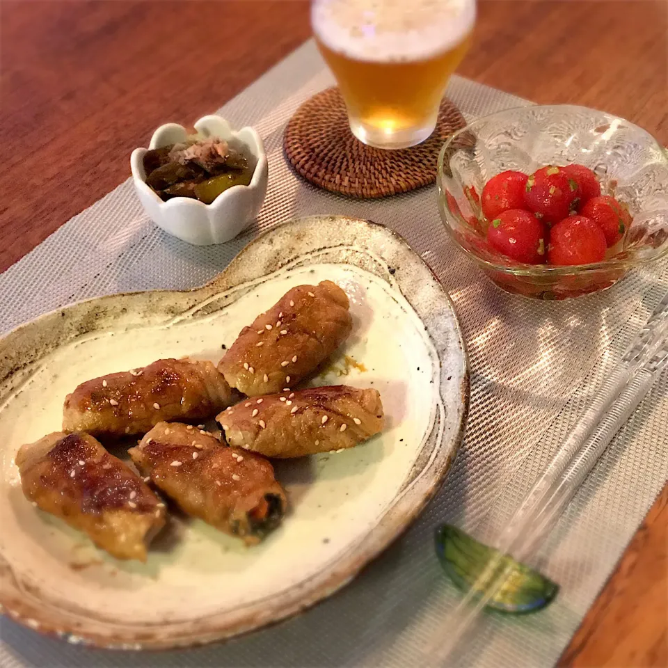 肉巻き／きゅうり・にんじん・大葉 ミニトマトとパクチーのマリネ 甘長とうがらしの炒め煮|𓇼 Ⓢ Ⓗ Ⓘ Ⓝ Ⓞ Ⓑ Ⓤ 𓇼さん