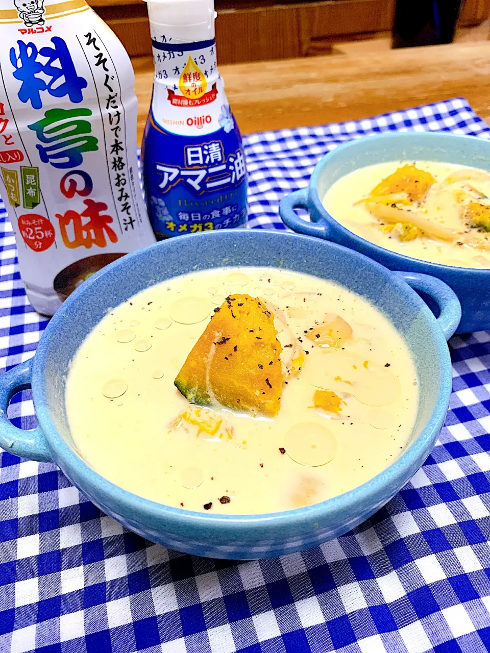 アッチさんの料理 かぼちゃのミルク味噌スープ　オリーブオイルを #アマニ油 に変えて。|❁︎na--na❁︎Nさん