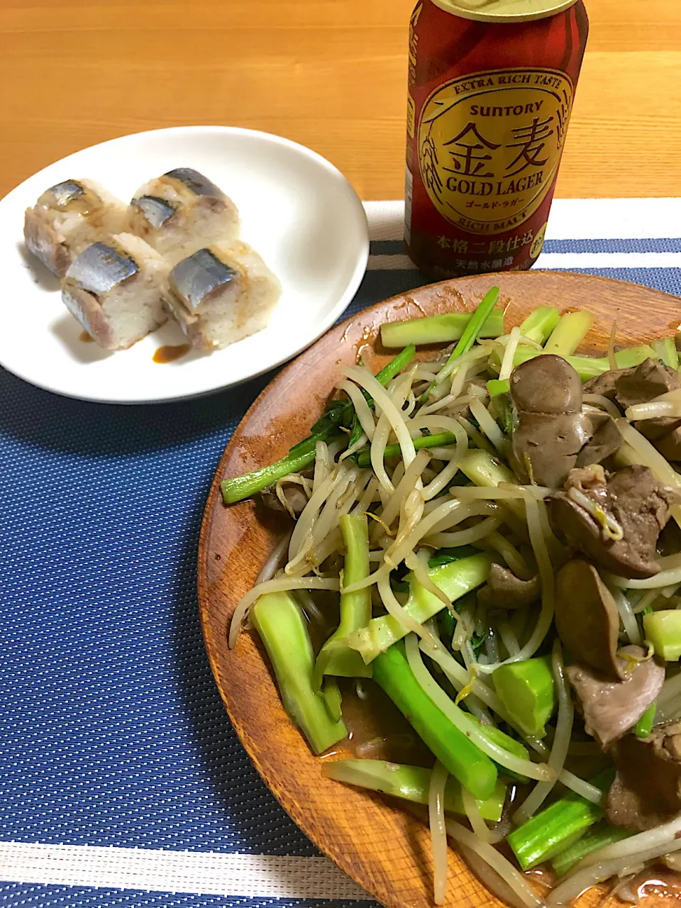 手作り秋刀魚棒鮨、アスパラ菜と鳥肝炒め|小次郎さん