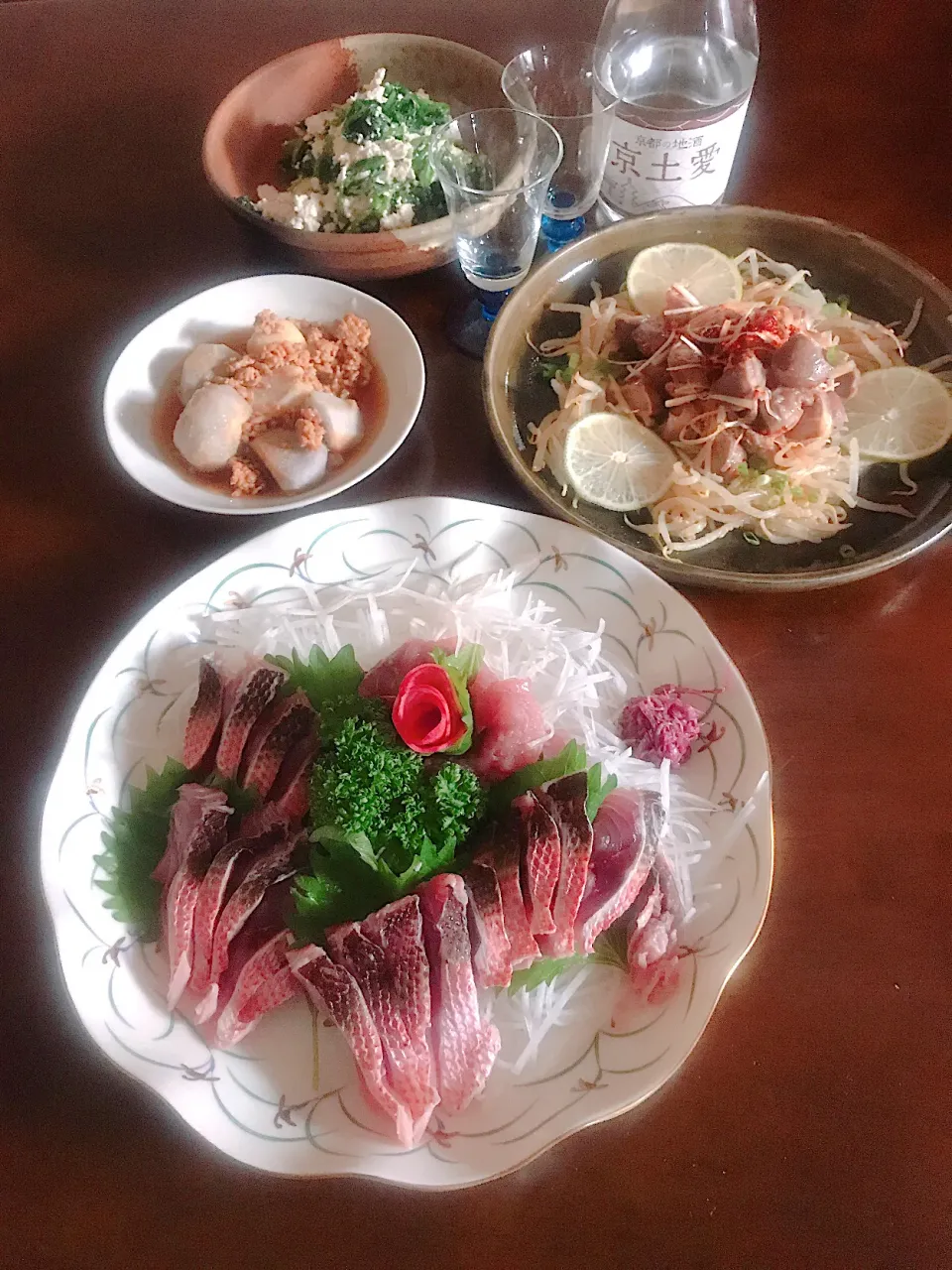 ちびきのお刺身と砂肝のねぎまみれで晩酌🍶|とんちんさん