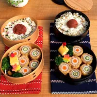 Snapdishの料理写真:🍱2019年11月1日(金曜日) ☀️                       ちくわの野菜肉巻きフライ、 ブロッコリー、 ひじきの五目煮、 玉子焼き、 生麩、 ごはんに梅干し|mutsumi☺︎さん