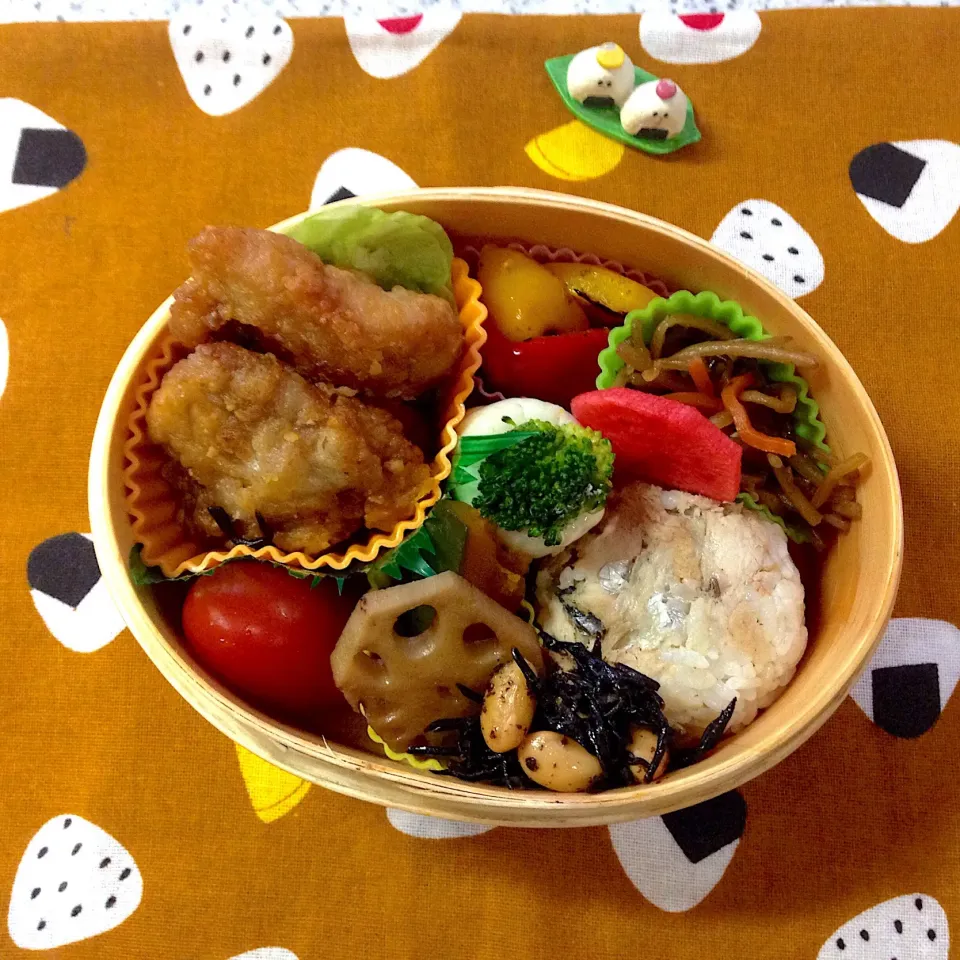 Snapdishの料理写真:今日のお弁当 #わっぱ弁当  #夫弁当  #地味弁当  #おにぎりアクション2019|naonaomimichanさん