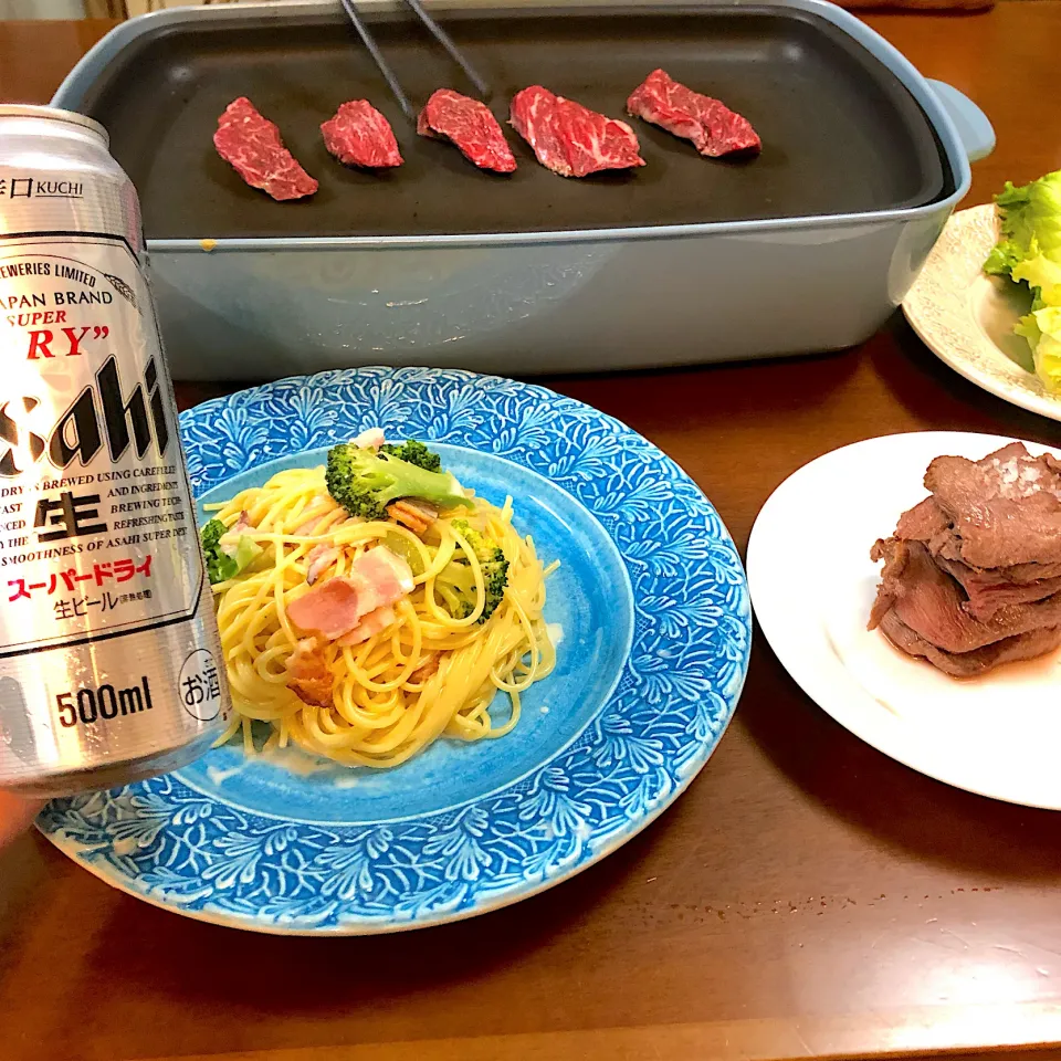 Snapdishの料理写真:クリームパスタとおうち焼肉|𝑀𝐼𝑆𝑈𝑍𝑈さん