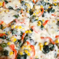 chickpeas chicka's dish Rasta pizza with callaloo, corn and red flavor peppers|chickpeas chickaさん