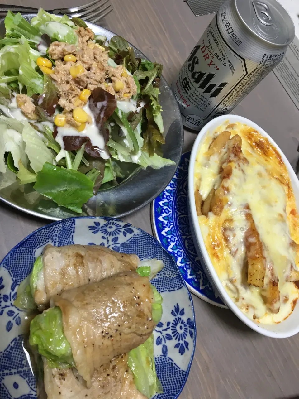 サラダ　ポテトグラタン　肉巻き|みーさん