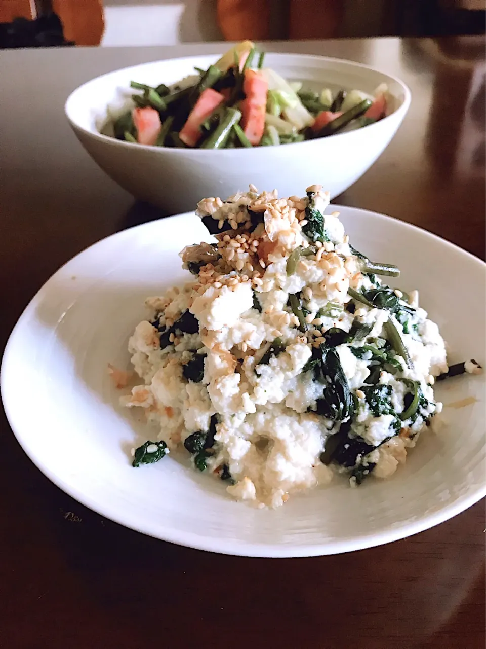 えいぽんさんの料理 簡単モロヘイヤの白和え♡空芯菜で白和え|とんちんさん