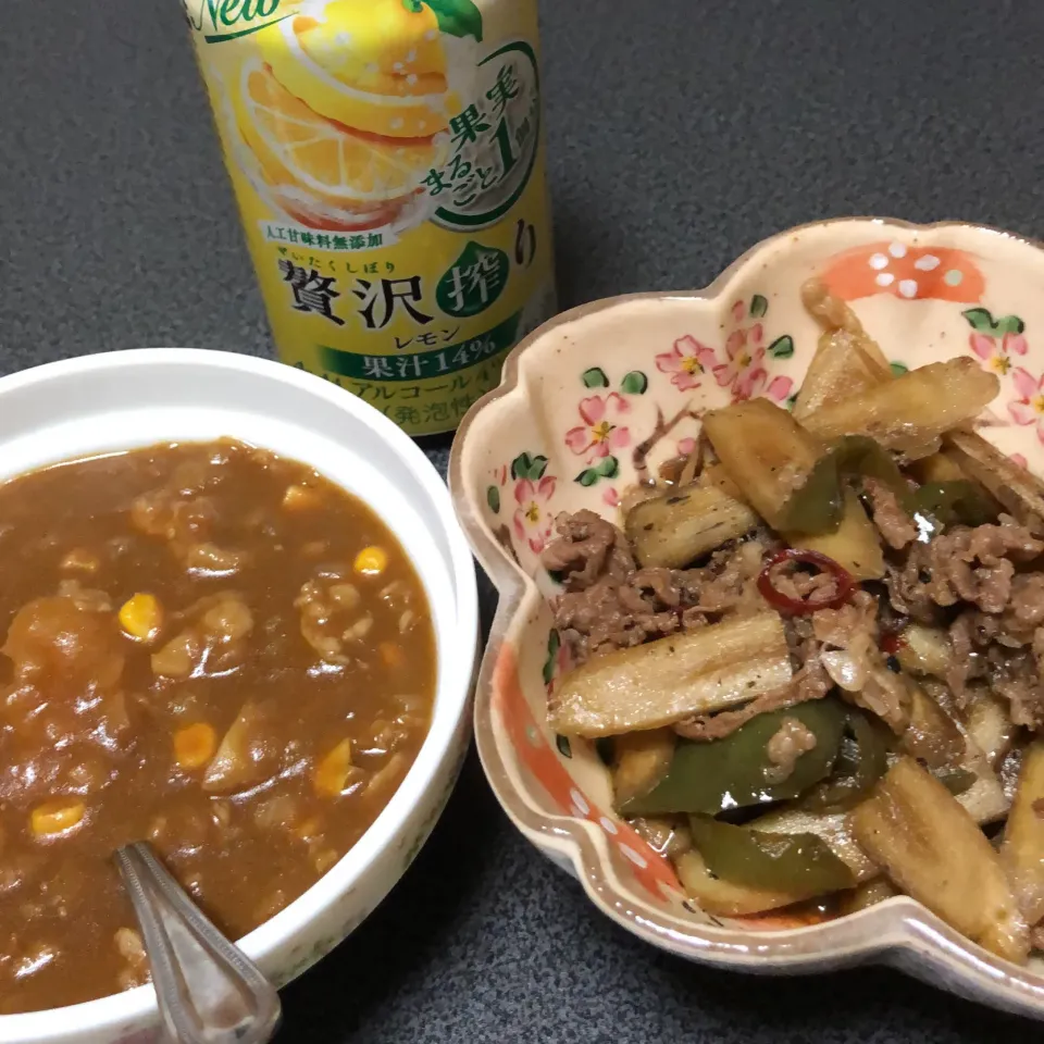 Snapdishの料理写真:夜ご飯🤗今日ゎカレーライスにきんぴらごぼう◡̈❤︎私ゎカレーときんぴらごぼうあてで乾杯🍺|yukiさん