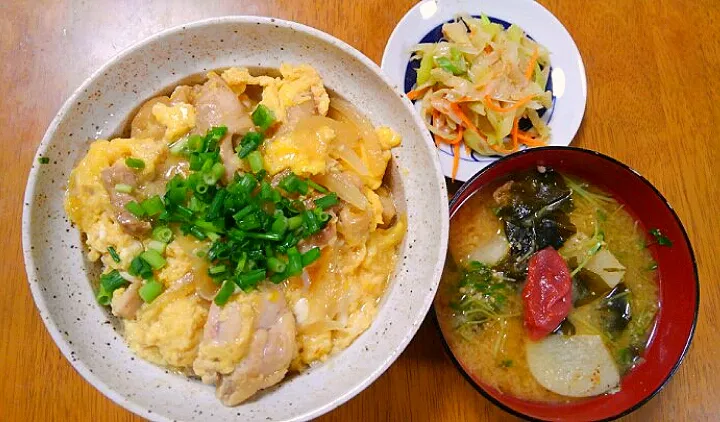 １０月２９日　親子丼　ねぎとにんじんのナムル　長いもと豆苗のお味噌汁|いもこ。さん