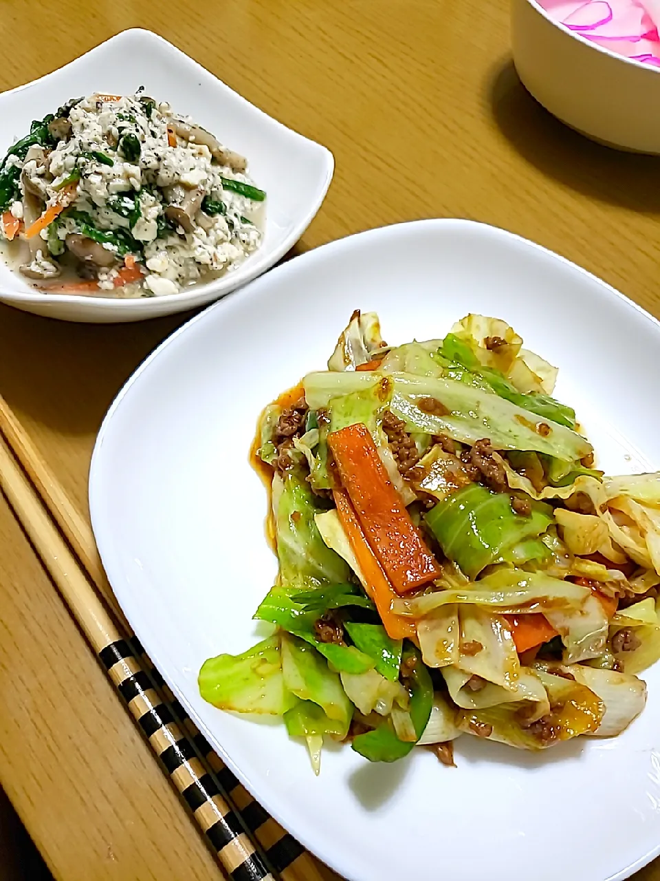 Snapdishの料理写真:アマニ油入り白和えと回鍋肉風味噌炒め|友美さん