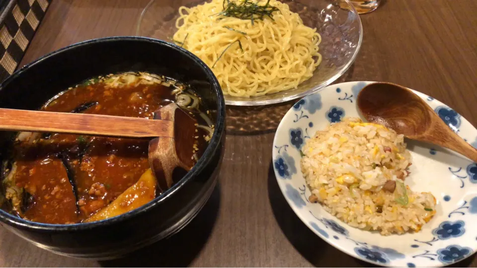 麻婆茄子つけ麺と半チャーハン|おっちさん