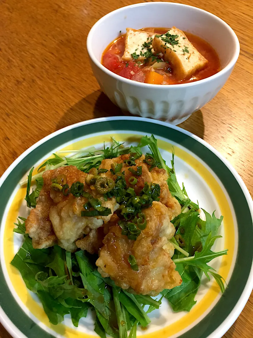 油淋鶏  トマトと厚揚げのスープ|まつださんさん