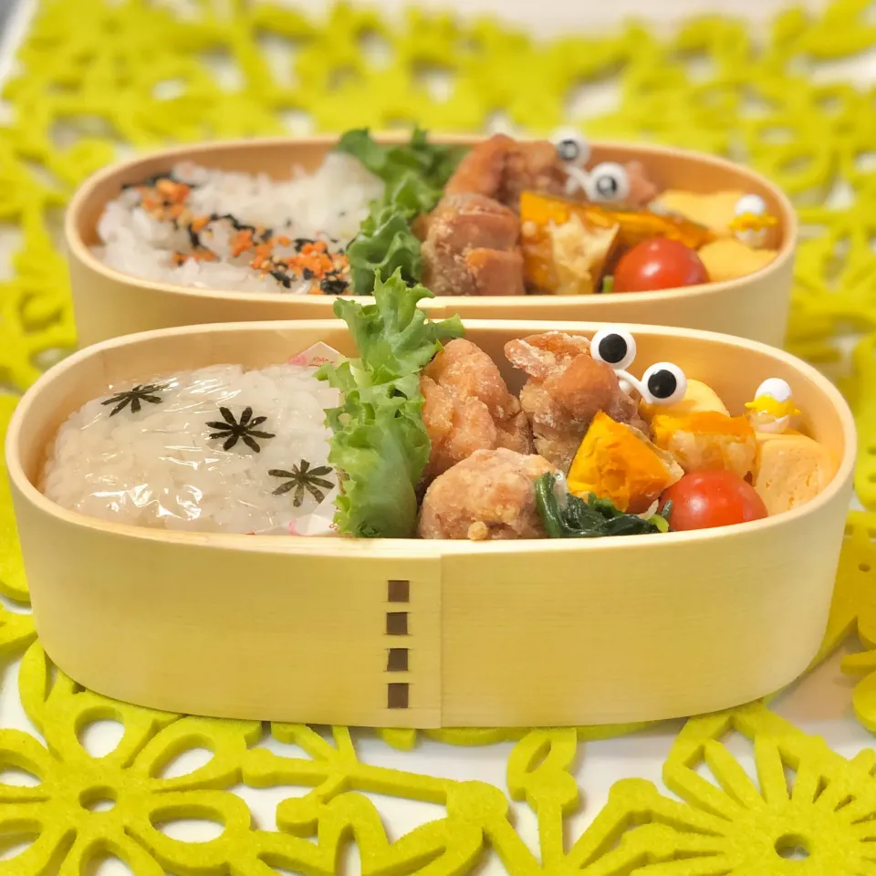 鶏モモ唐揚げ☘の双子ちゃんお弁当💙❤️ 11/9|sweet homeさん