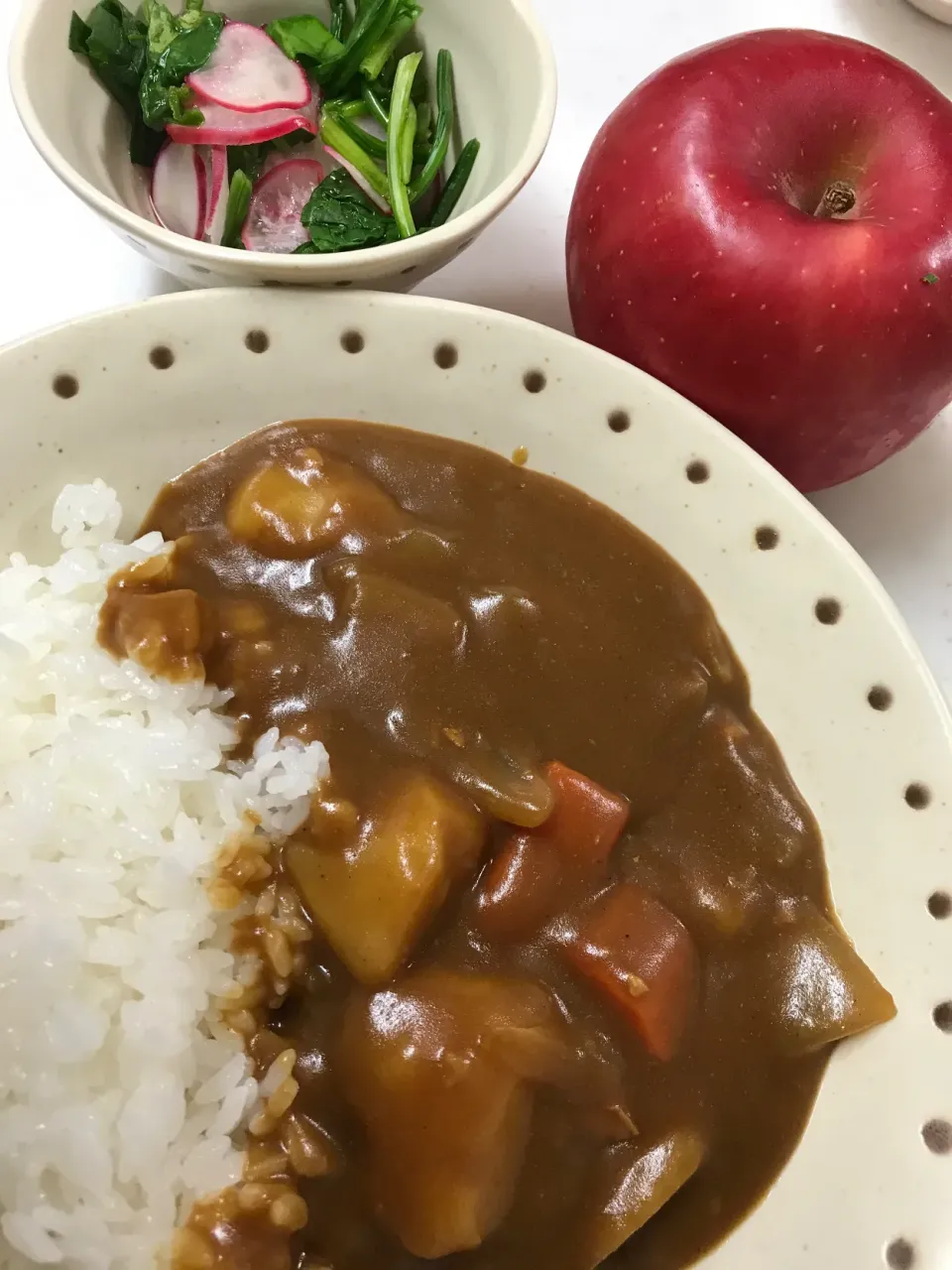 Snapdishの料理写真:#カレーライス #ほうれん草とラディッシュの甘酢サラダ#食後にリンゴ|やすあけさん