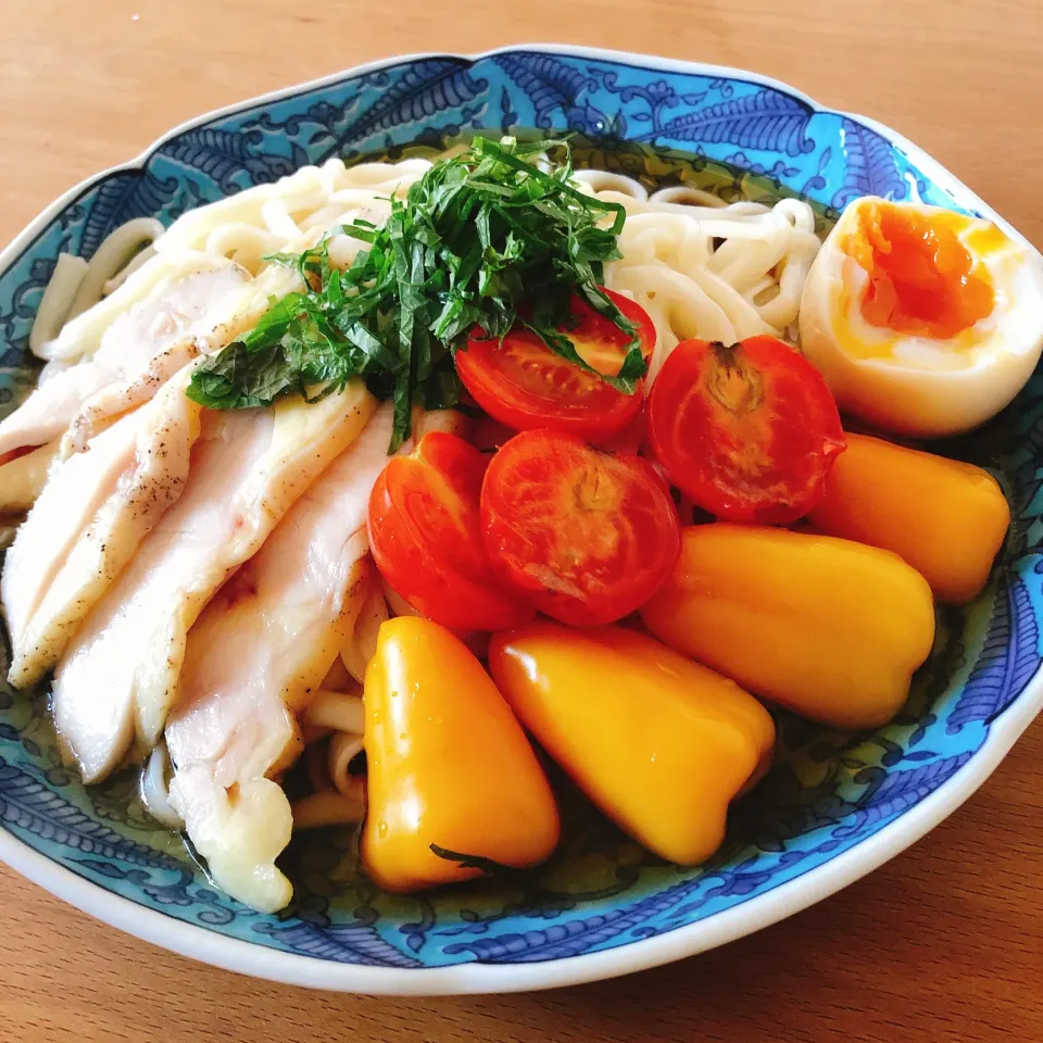 比内鶏の胸肉とミニパプリカとミニトマトと茹で卵の手延本葛うどん|角康広さん