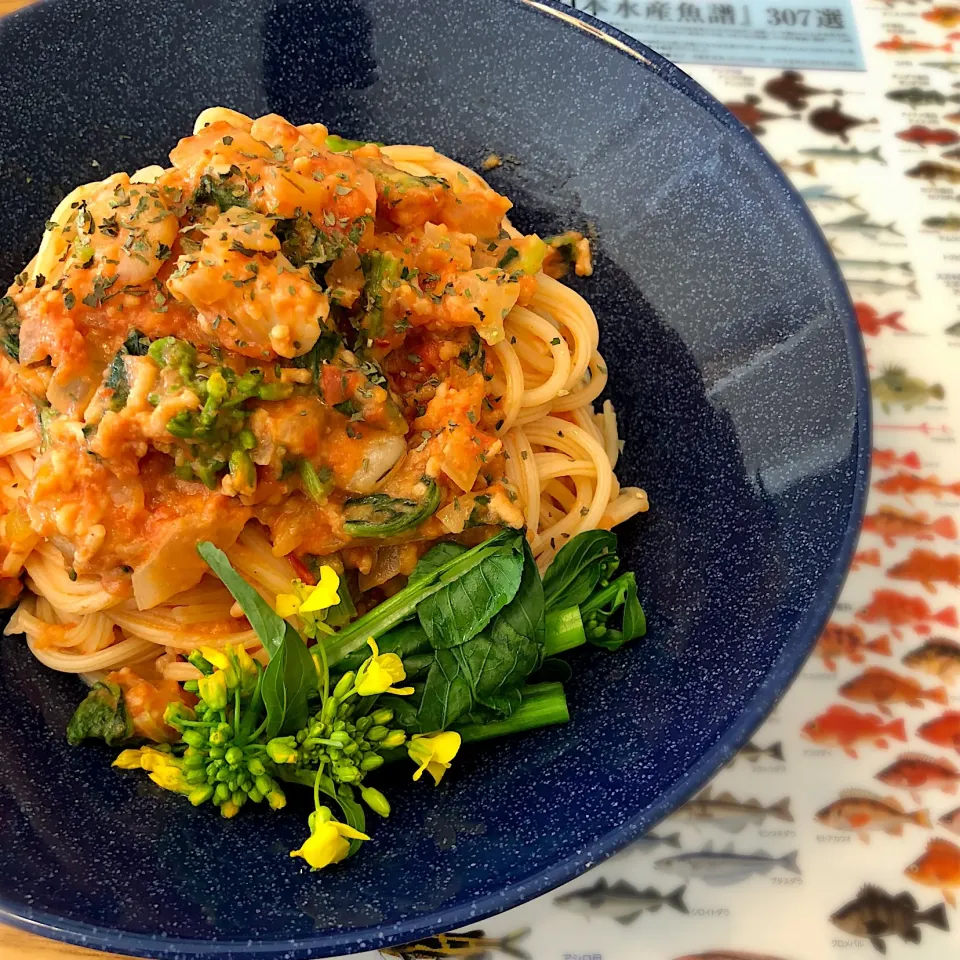 おさかなミンチのシーフード&トマトクリームのパスタ🍅🍝🐟🦐🦑
#おさかなミンチ|わたげさん