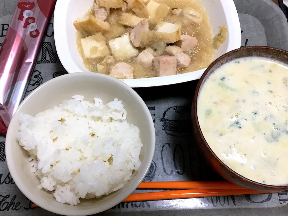 鶏肉のみぞれ煮とかぼちゃミルクスープ！トッポ添え|あんこさん