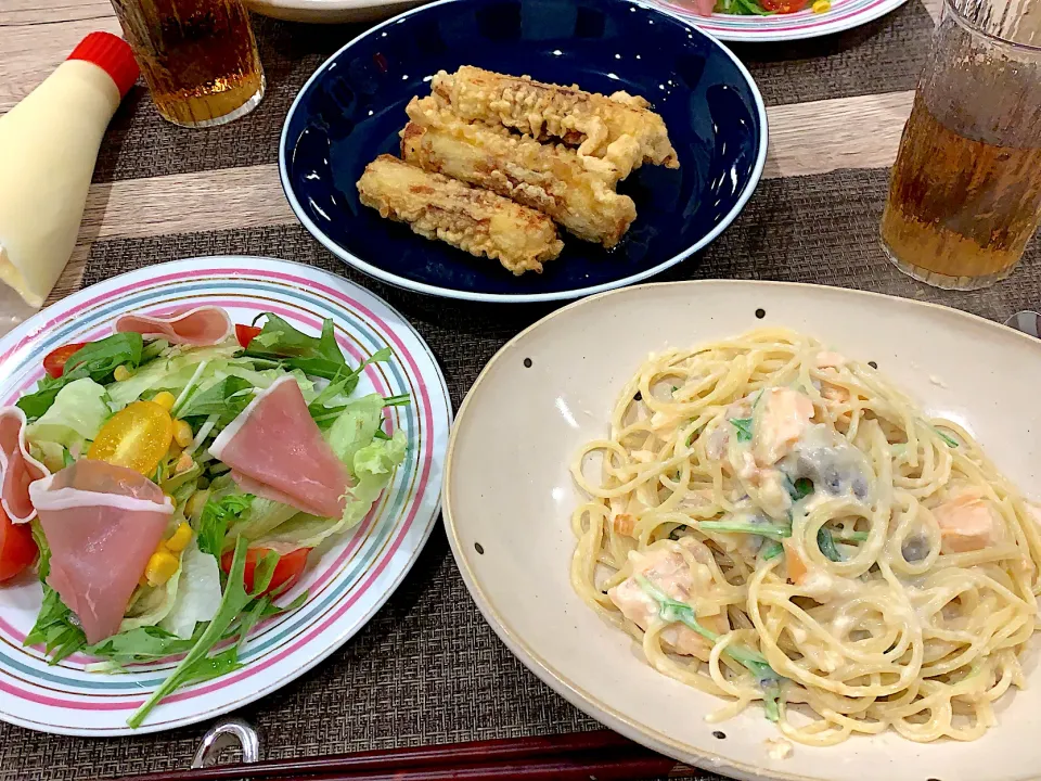 クリームパスタ、ちくわ天ぷら|かほさん