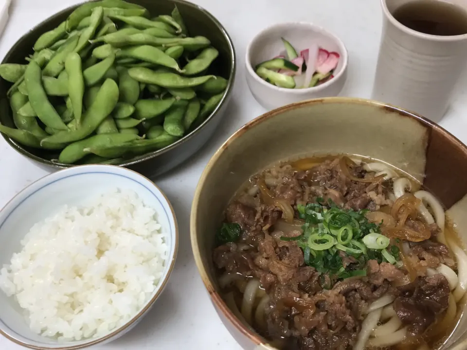 #肉うどん#大根とラデッシュ胡瓜の便利で酢和え#枝豆塩茹で|やすあけさん