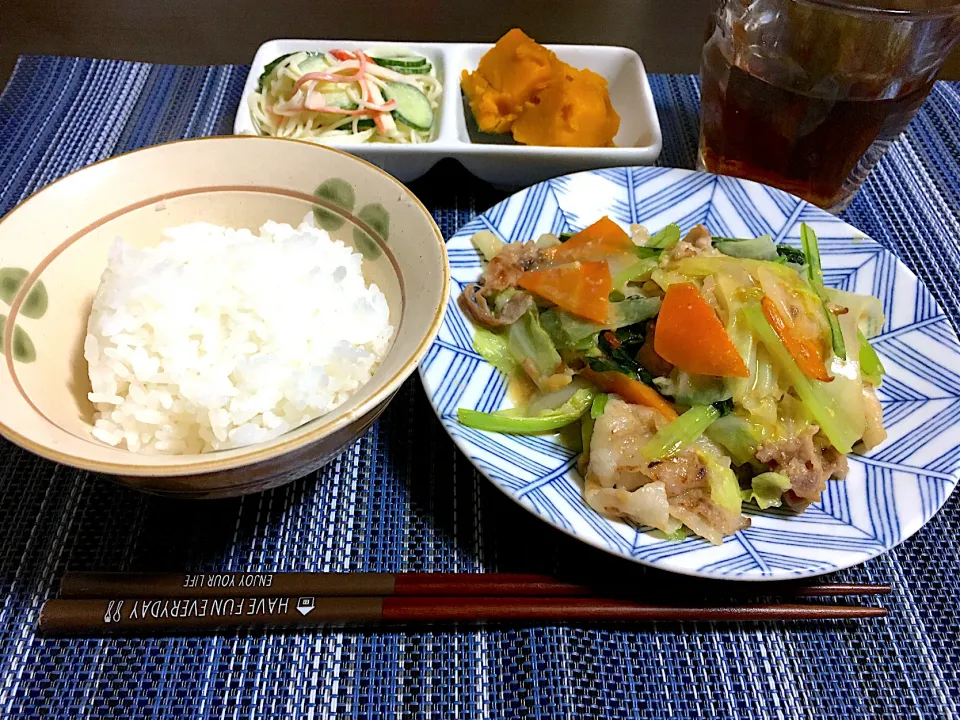 豚こまキャベツ味噌炒め、かぼちゃ煮、そうめんサラダ|ちぐあささん