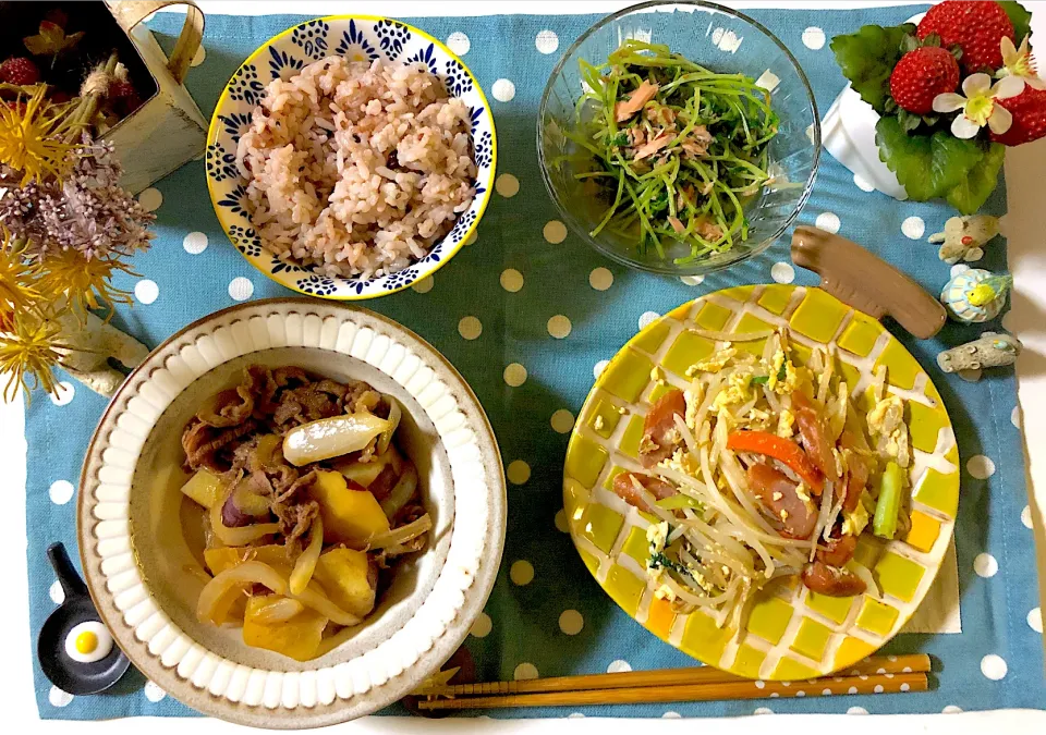 さつまいもと牛肉と玉ねぎの甘辛炒め煮、豆苗とツナのめんつゆ和え、野菜と卵の中華炒め、雑穀米|syamさん