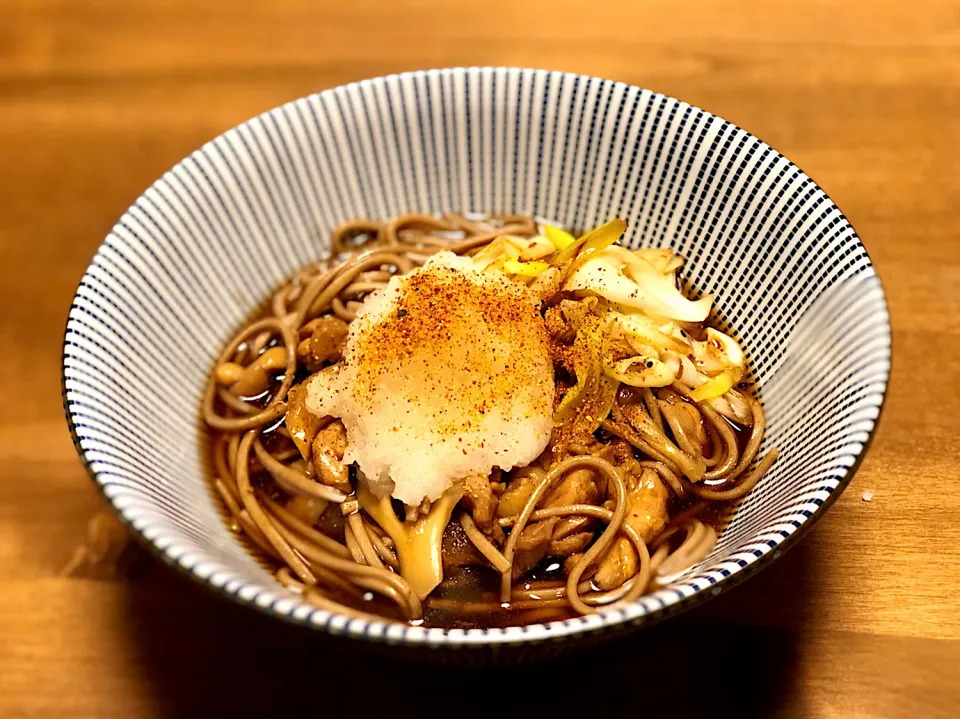 焼きねぎと鶏肉のおろしあんかけ蕎麦|さとさやさん