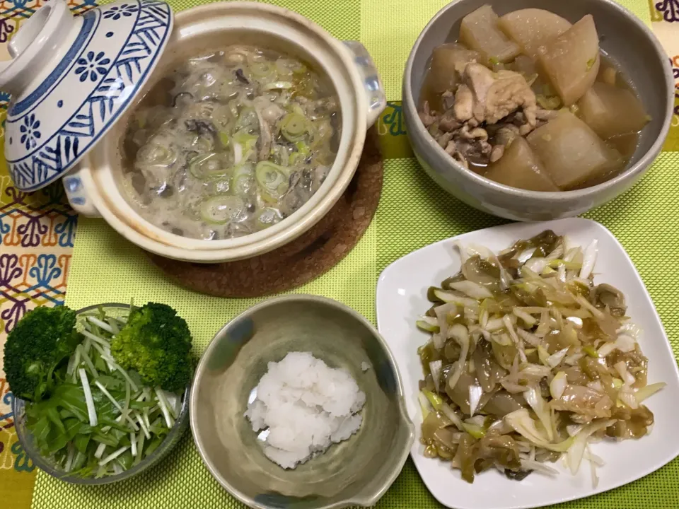 鶏大根煮、牡蠣のねぎポン蒸し、搾菜ねぎ和え、水菜とブロッコリー|peanutsさん