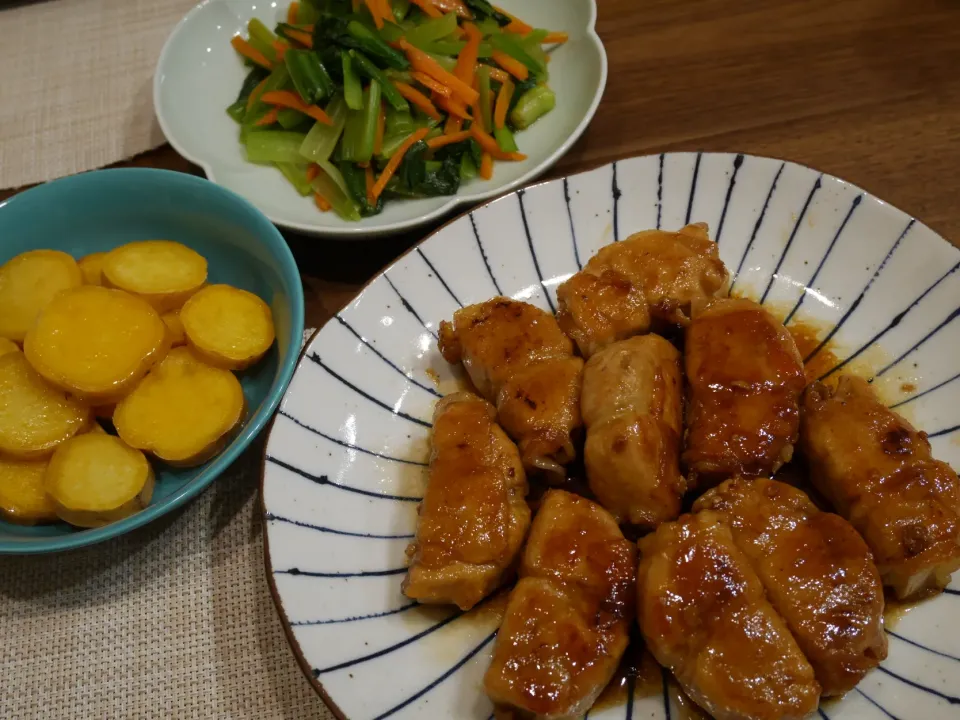 大根の肉巻き、小松菜と人参のナムル、さつまいものレモン煮|ありんこさん