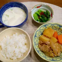 Snapdishの料理写真:肉じゃが、かぶのミルクスープ、かき菜のいくらのせ|ありんこさん