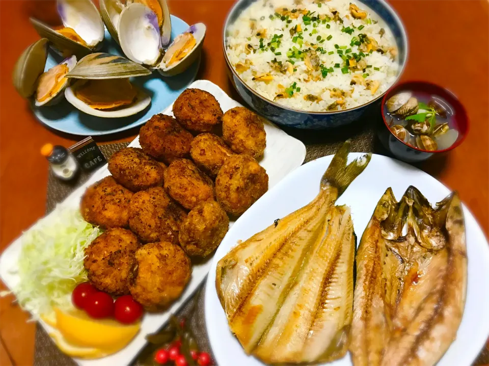 ＊ホッケと鯖の一夜干し＊アサリご飯＊ハマグリの酒蒸し＊メンチカツ|バシュランさん