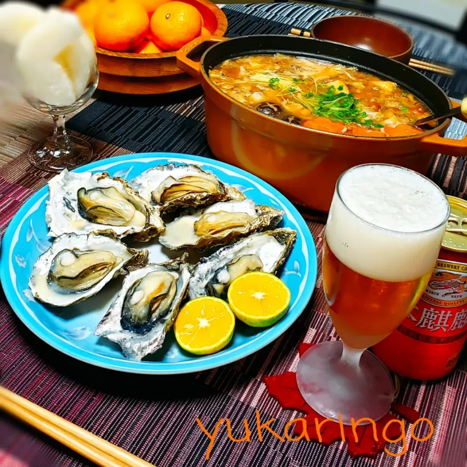 🍁大豆のお肉と麹甘酒の素コラボ💗
　粕汁風甘酒鍋🍲
🍁レンチン🎵で
　広島県産殻つき牡蠣
　かぼすを添えて
🍁栃木県産にっこり梨
🍁本麒麟で✨🍻🎶|yukaringoさん