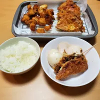 Snapdishの料理写真:ハムカツ、唐揚げ、鶏チャーシュー|ぷーさん