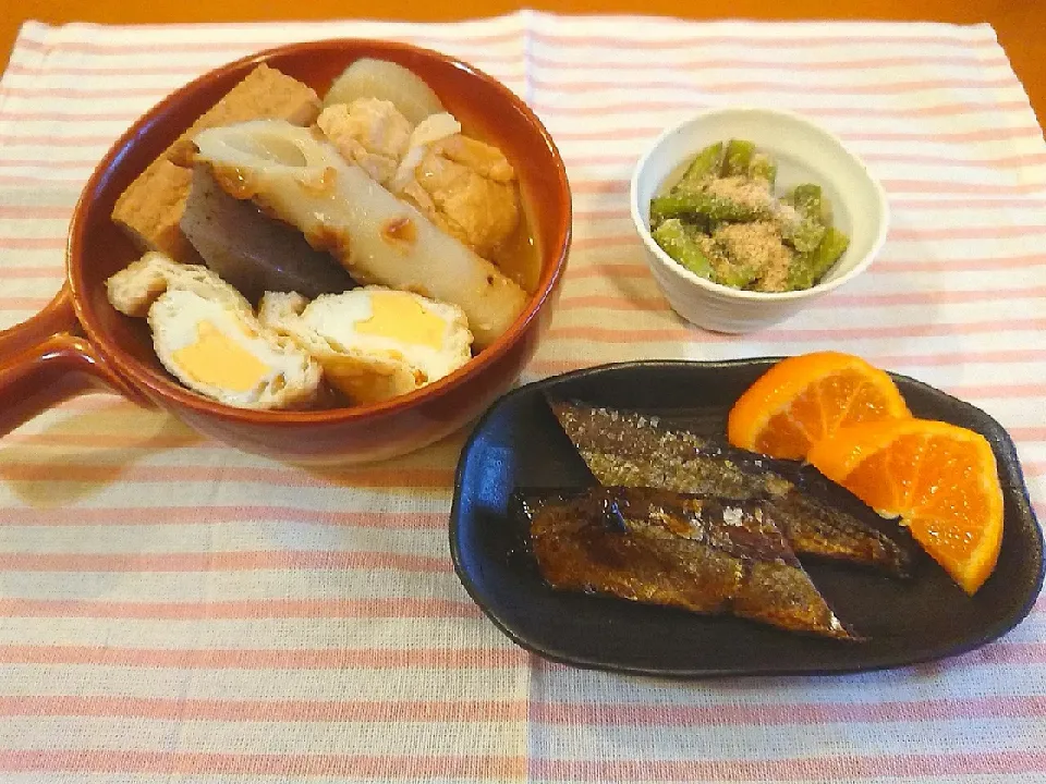 さんまの煮物、いんげんのごま和え、おでん🍢🍶|chikakoさん